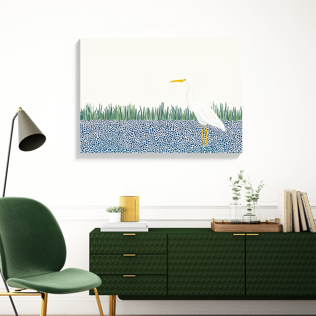 Elegant Minimalist Painting Of A Great White Egret Standing On Stylized Abstract Blue Bubbles And Simple Green Reeds