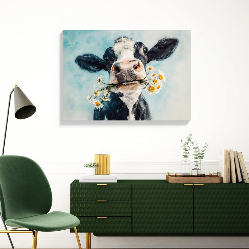 Meet your new favorite wall companion—a delightfully whimsical watercolor Holstein cow clutching a cheerful bouquet of daisies! Rendered in soft, dreamy pastels against a soothing blue backdrop, this charming poster brings instant warmth and personality to any room. Perfect for adding a touch of farmyard charm to nurseries, kitchens, or creative spaces, it's the kind of art that makes everyone smile. Whether you're a cow enthusiast or simply love quirky, feel-good décor, this playful piece celebrates the jo