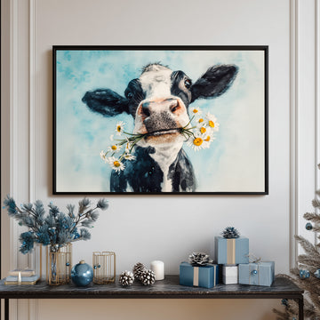 Charming Watercolor Portrait Of A Holstein Cow With Daisy Flowers In Its Mouth Against A Soft, Blue Watercolor Background