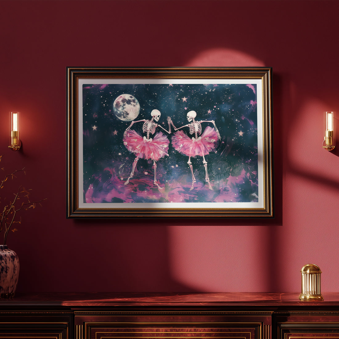 Whimsical Gothic Art: Two Skeletons Dancing In Voluminous Pink Tutu Skirts Under A Luminous Full Moon And Starry Cosmic Sky