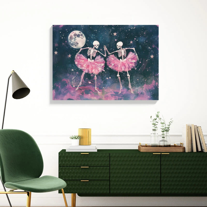 Celebrate the spooky side of fun with this whimsical poster featuring two skeleton dancers twirling in fabulous pink tutus under a glowing full moon. Stars sparkle across the night sky as these bony performers strike their most graceful poses. Perfect for adding a touch of quirky charm to bedrooms, dorm rooms, or any space that embraces the delightfully macabre. This eye-catching artwork brings together gothic elegance and playful humor for a truly unique décor statement.