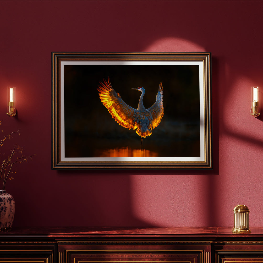 Spectacular Sandhill Crane Photograph With Wings Outspread, Illuminated By Golden Sunset Light Against A Dark Backdrop