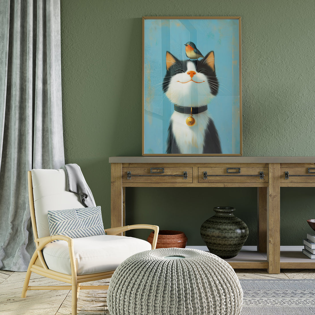 Heartwarming Portrait Of A Smiling Tuxedo Cat With A Small Red-Breasted Bird Perched Happily On Its Head In A Blue Setting