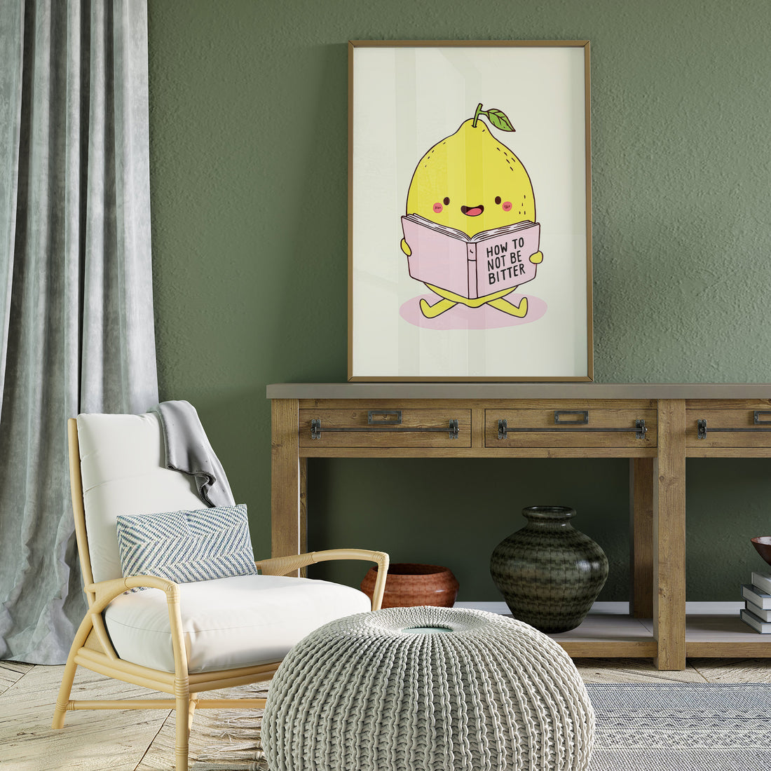 Cute And Humorous Digital Illustration Of A Happy Lemon Character Sitting Down To Read A Book Titled 'How To Not Be Bitter'