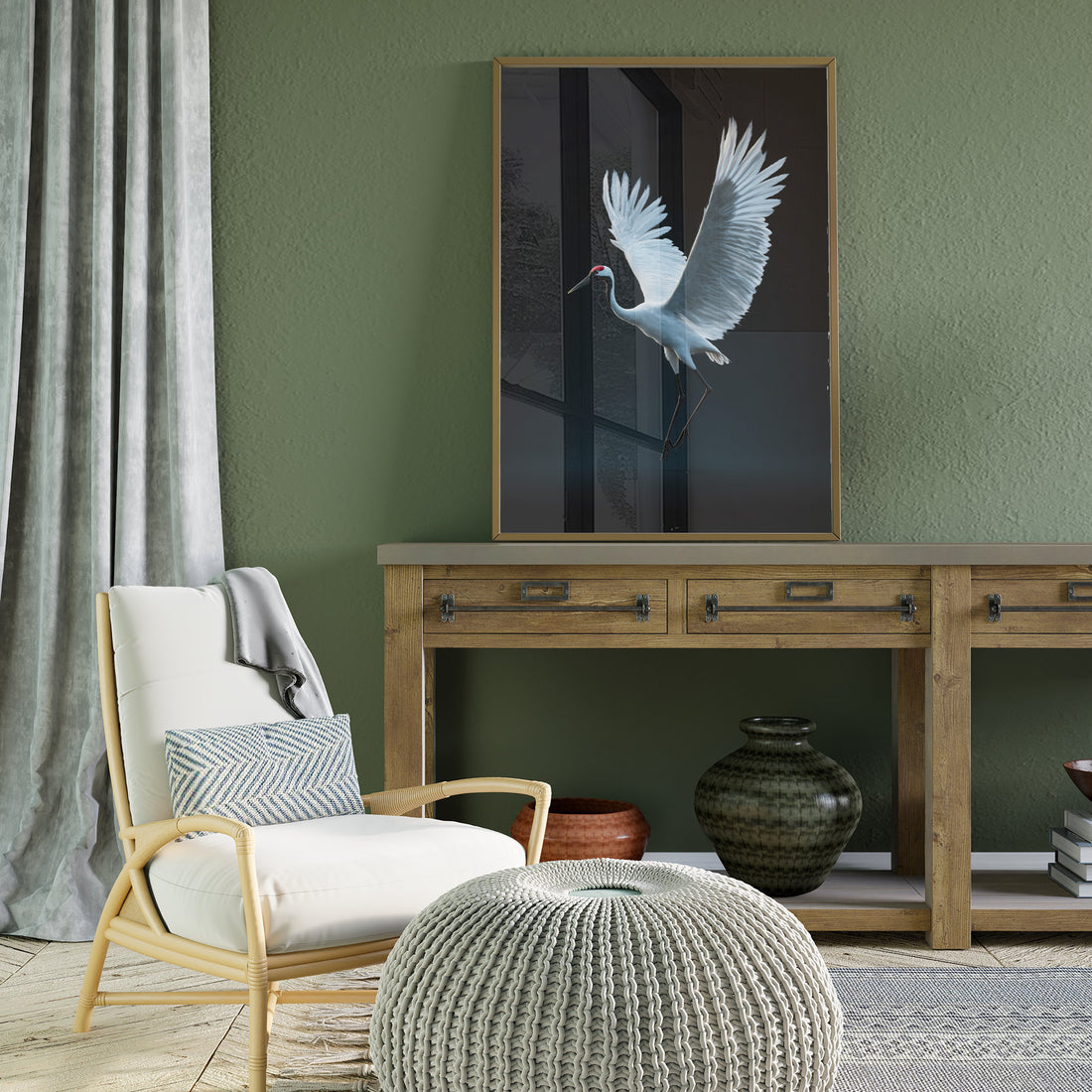 Striking Red-Crowned Crane Painting In Flight With Large White Wings Outstretched Against A Dramatic Dark, Moody Background