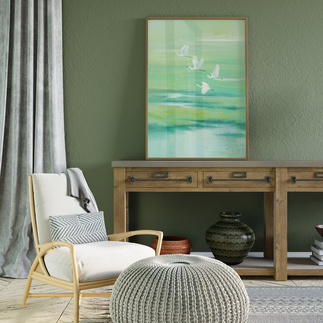 Serene Abstract Landscape Painting Featuring Four Elegant White Egrets Flying Over A Soft Blurry Green And Teal Water Scene