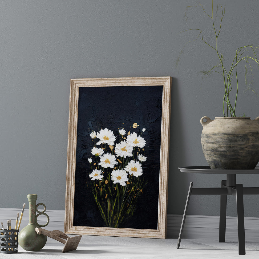 Stunning Textured Daisy Flower Painting With Thick Palette Knife Oil Paint And Gold Leaf Embellishment On A Dark Black Canvas