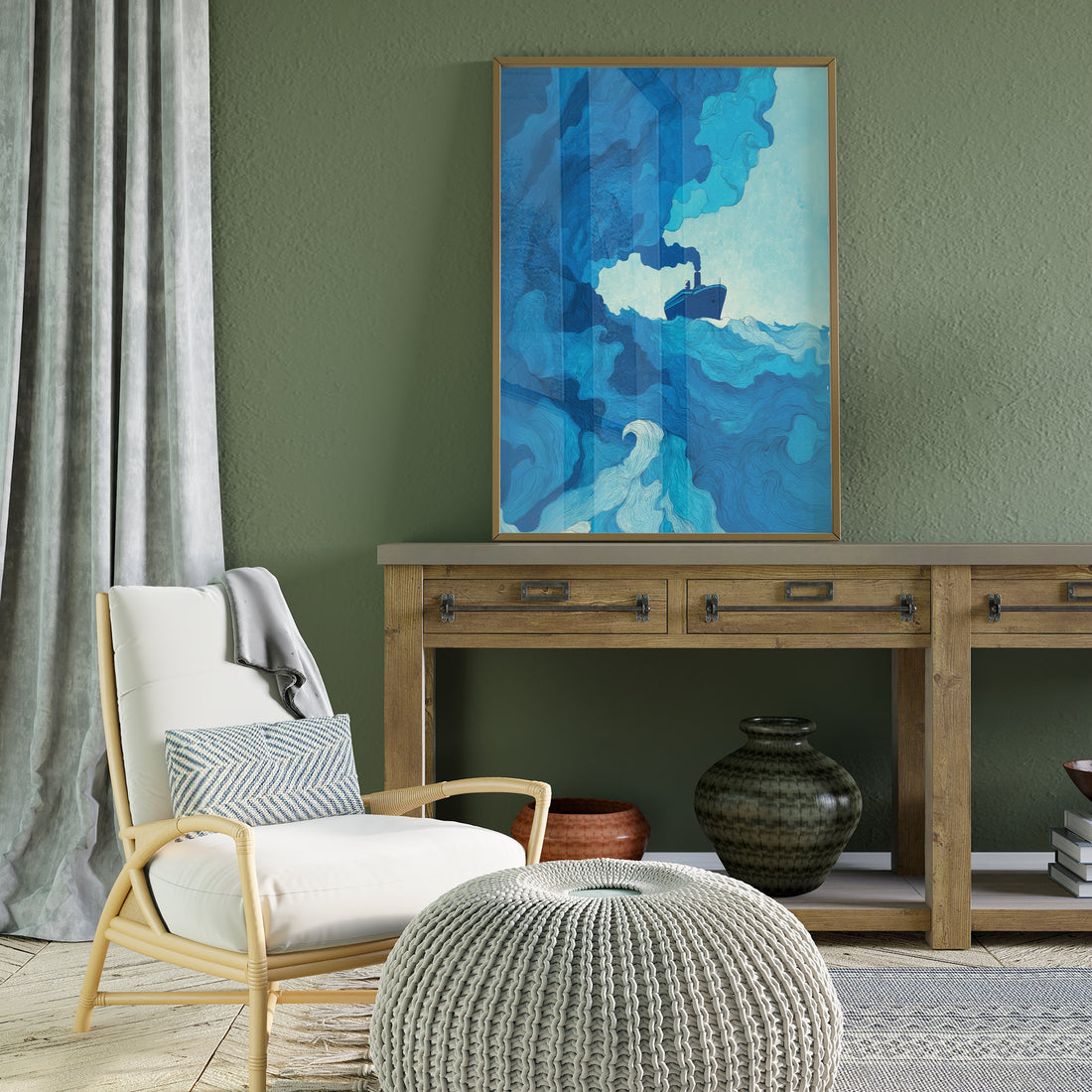 Dramatic Nautical Painting: Stylized Blue Ship Navigating Through Enormous Curling Waves And Tempestuous Blue Water Layers