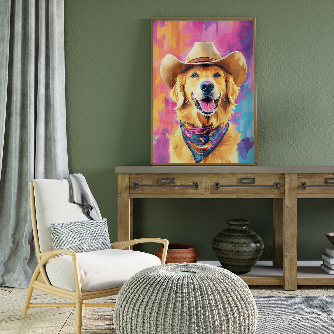 Vibrant Pop Art Portrait Of A Happy Golden Retriever Dog Wearing A Classic Cowboy Hat And A Brightly Colored Bandana