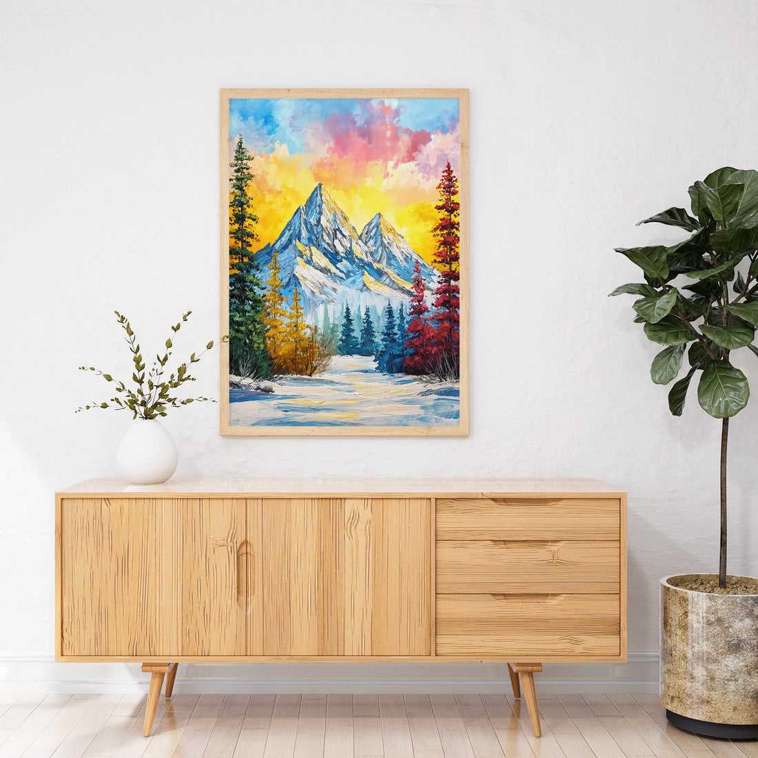 Vibrant Impasto Oil Painting Of Snow-Capped Mountains Surrounded By Colorful Forest Foliage Under A Golden Yellow Sky