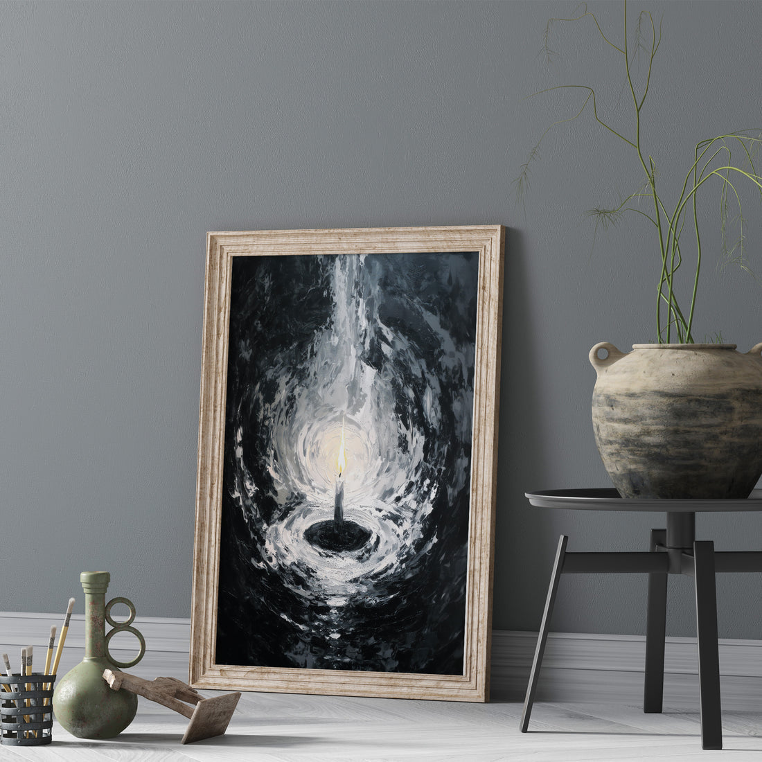 Dramatic Black And White Abstract Painting Of A Single Candle With Bright Glowing Halo