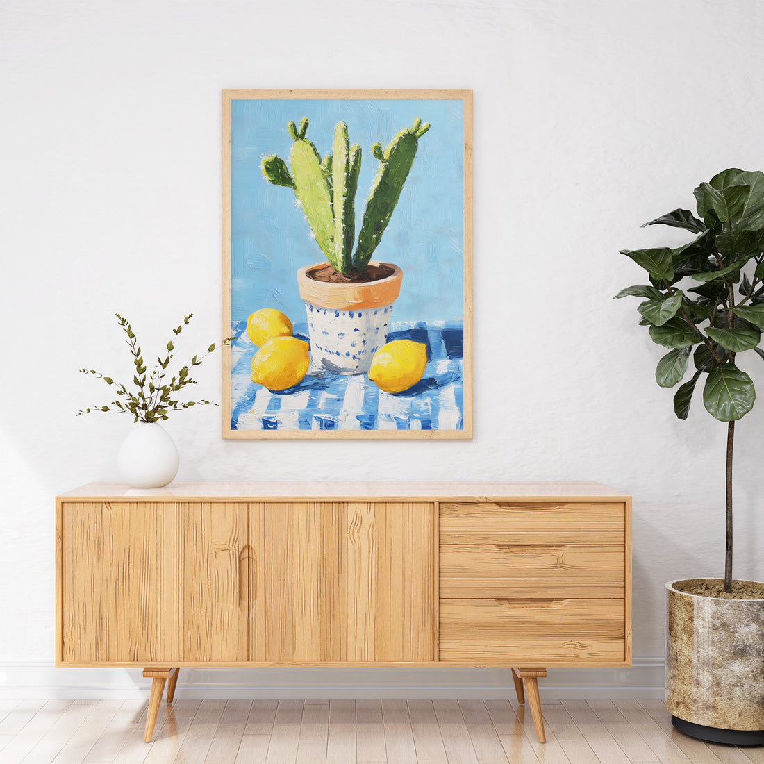 Vibrant Impasto Oil Painting Of A Potted Cactus With Three Lemons On Blue Tablecloth