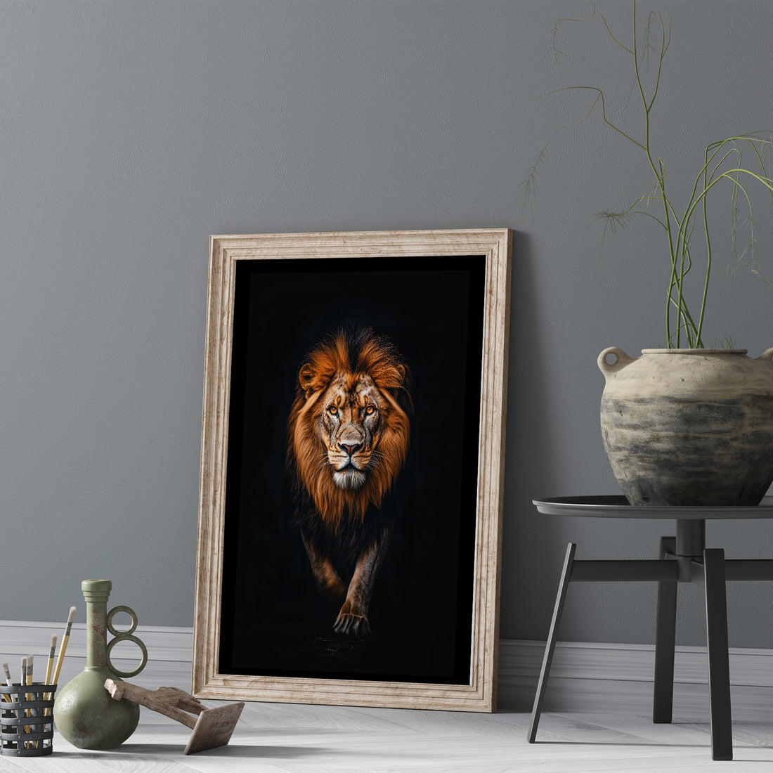 Powerful Close Up Portrait Of A Majestic Lion Emerging From Intense Dark Black Background