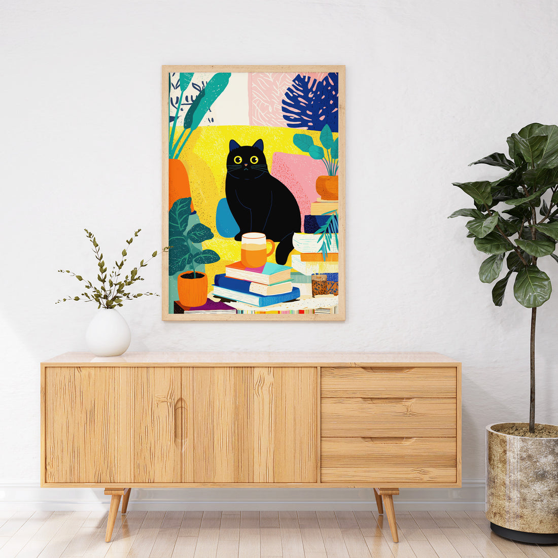 Modern Illustration Of A Black Cat Sitting On Stacks Of Books With Tropical Plants