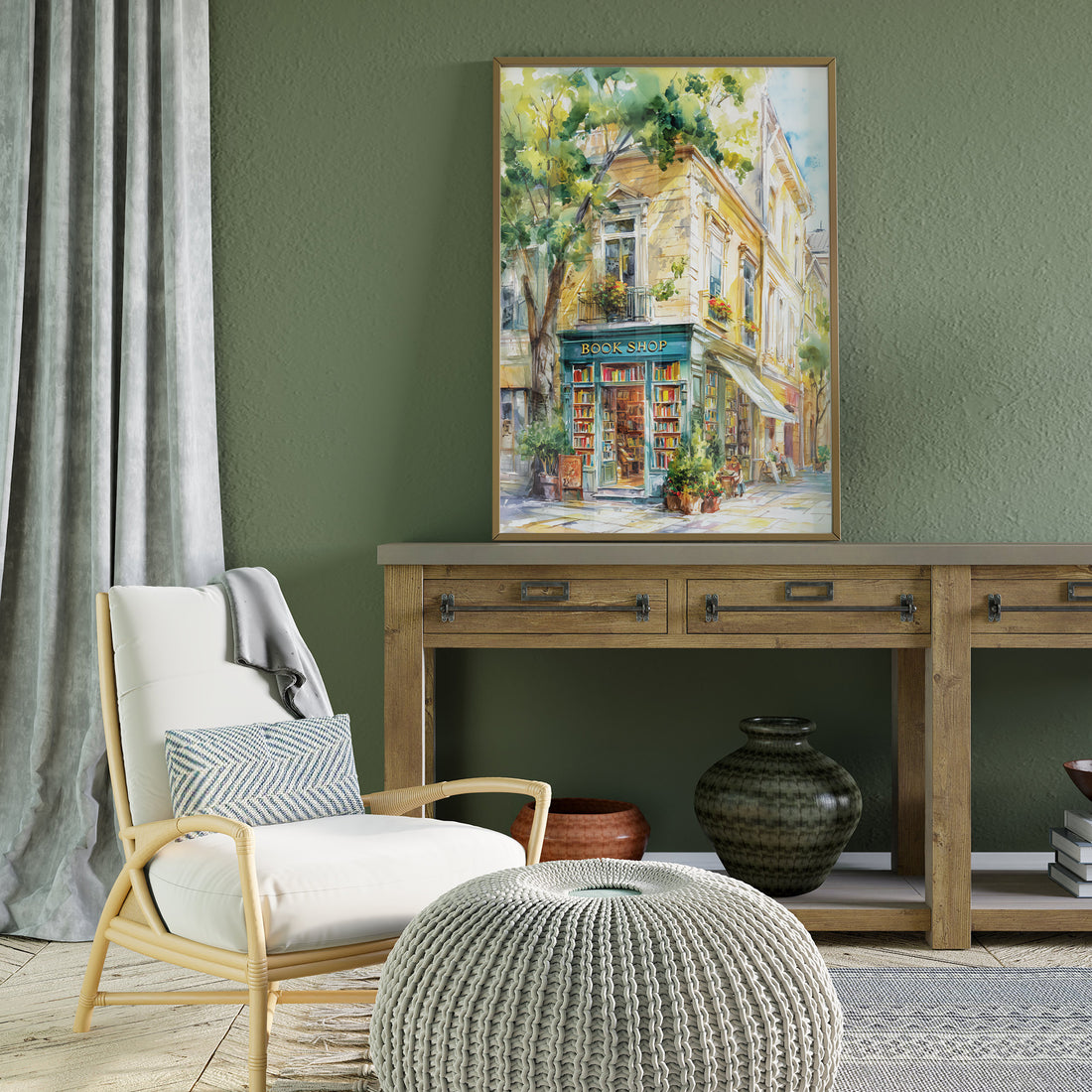 Beautiful Watercolor Painting Of A Charming European Book Shop With Sunlit Street View