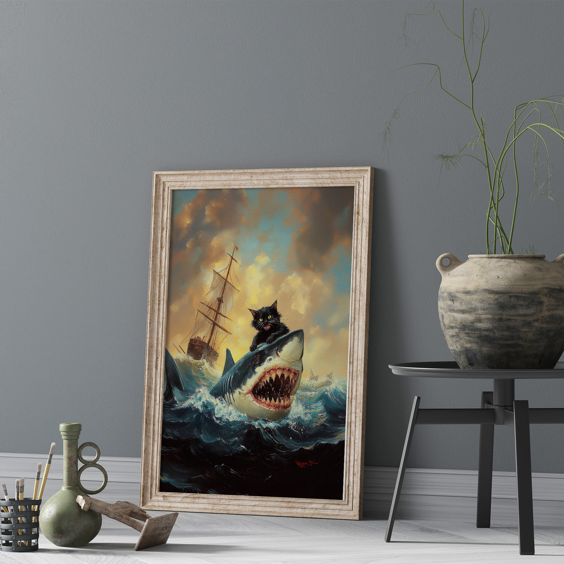 Epic Oil Painting Of A Black Cat Riding A Great White Shark In Ocean
