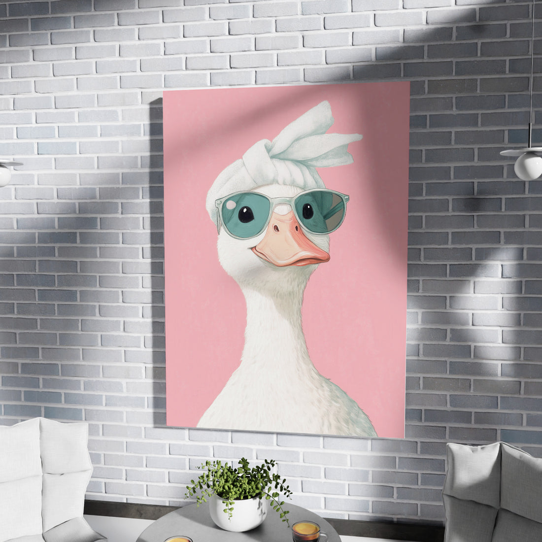 Funny White Goose Wearing Teal Sunglasses And A White Turban On Pink Background Illustration