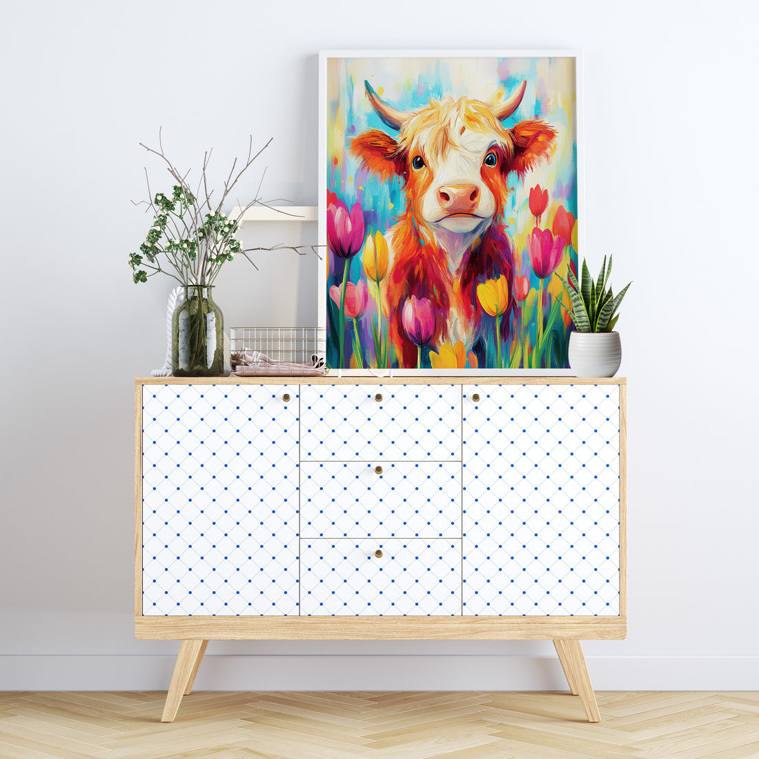 Vibrant Impasto Oil Painting Of A Colorful Highland Cow In A Tulip Field