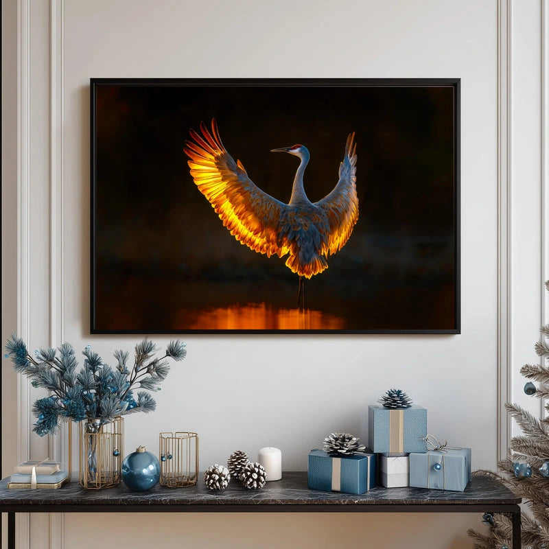 Witness the majesty of nature frozen in time! This stunning poster captures a magnificent sandhill crane mid-flight, wings fully extended against a breathtaking golden sunset. The warm, glowing light bathes the elegant bird in amber and rose tones, creating a mesmerizing display of natural beauty. Perfect for bird lovers, nature enthusiasts, and anyone seeking to bring a touch of wildlife wonder into their space. Transform your walls into a window to the wild with this captivating artwork that celebrates on