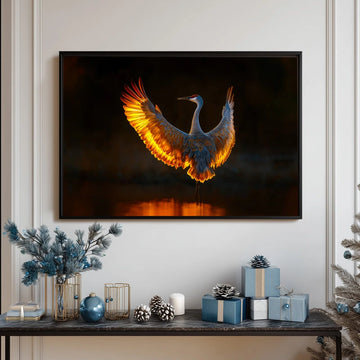 Witness the majesty of nature frozen in time! This stunning poster captures a magnificent sandhill crane mid-flight, wings fully extended against a breathtaking golden sunset. The warm, glowing light bathes the elegant bird in amber and rose tones, creating a mesmerizing display of natural beauty. Perfect for bird lovers, nature enthusiasts, and anyone seeking to bring a touch of wildlife wonder into their space. Transform your walls into a window to the wild with this captivating artwork that celebrates on