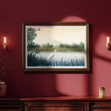 Introducing a delightfully calm companion for your walls! This minimalist poster captures a majestic great stork in its natural habitat, gracefully poised at the water's edge surrounded by gentle marsh grasses. The serene composition brings a touch of nature's quiet beauty into any room, perfect for creating a peaceful, contemplative atmosphere. With its clean lines and soothing aesthetic, this artwork transforms spaces into tranquil retreats. Whether you're a nature lover, bird enthusiast, or simply seekin