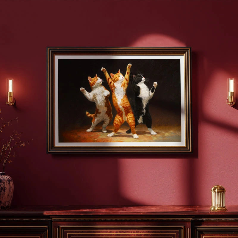 Bring whimsy to your walls with this delightful poster featuring three adorable kittens caught mid-dance, their paws raised in pure joy! Set against a moody, vintage-inspired backdrop, these charming felines create the perfect balance of playful energy and nostalgic charm. Whether you're decorating a nursery, bedroom, or creative space, this cheerful artwork adds personality and warmth to any room. A purr-fect choice for cat lovers and anyone who appreciates quirky, feel-good décor!