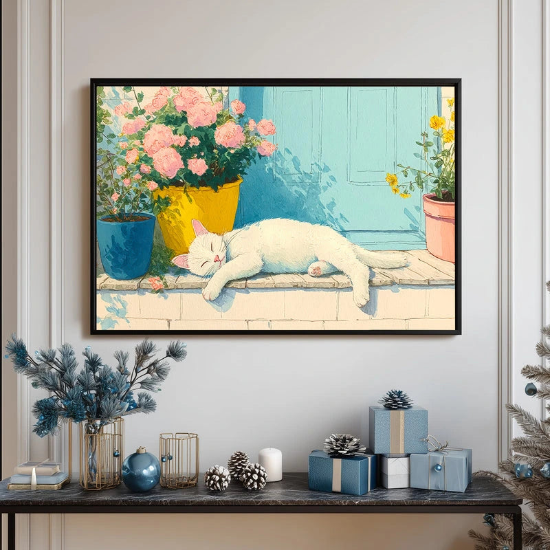 Bring a touch of whimsy to your walls with this delightful watercolor poster! Picture a cozy feline friend napping peacefully among blooming pink roses and cheerful yellow pots on a sun-drenched porch. The soft, dreamy brushstrokes and warm color palette create an inviting, feel-good atmosphere perfect for bedrooms, living rooms, or any space craving a dose of charm. This playful artwork celebrates the simple joys of a lazy afternoon and makes a wonderful gift for cat lovers and art enthusiasts alike.