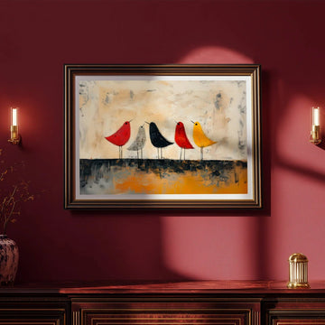 Bring your walls to life with this vibrant bird art poster! Featuring a playful collection of minimalist birds in bold reds, sunny yellows, crisp blacks, and clean whites, this piece pops against an abstract background that sparks conversation. Perfect for adding personality to any room—whether it's a cozy bedroom, creative workspace, or modern living area. The striking color palette and contemporary design make it an instant mood-lifter that celebrates nature with a fun, artistic twist. A must-have for bir