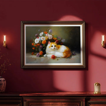 Bring a touch of whimsy to your space with this charming poster featuring a serene white and orange cat lounging among vibrant blooms. The elegant floral composition creates a peaceful, artistic atmosphere perfect for cat lovers and plant enthusiasts alike. Soft colors and delicate details make this piece an ideal addition to bedrooms, living rooms, or creative spaces. A delightful reminder that the best moments are spent surrounded by beauty—and maybe a purring companion.