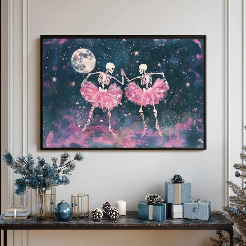 Celebrate the spooky side of fun with this whimsical poster featuring two skeleton dancers twirling in fabulous pink tutus under a glowing full moon. Stars sparkle across the night sky as these bony performers strike their most graceful poses. Perfect for adding a touch of quirky charm to bedrooms, dorm rooms, or any space that embraces the delightfully macabre. This eye-catching artwork brings together gothic elegance and playful humor for a truly unique décor statement.