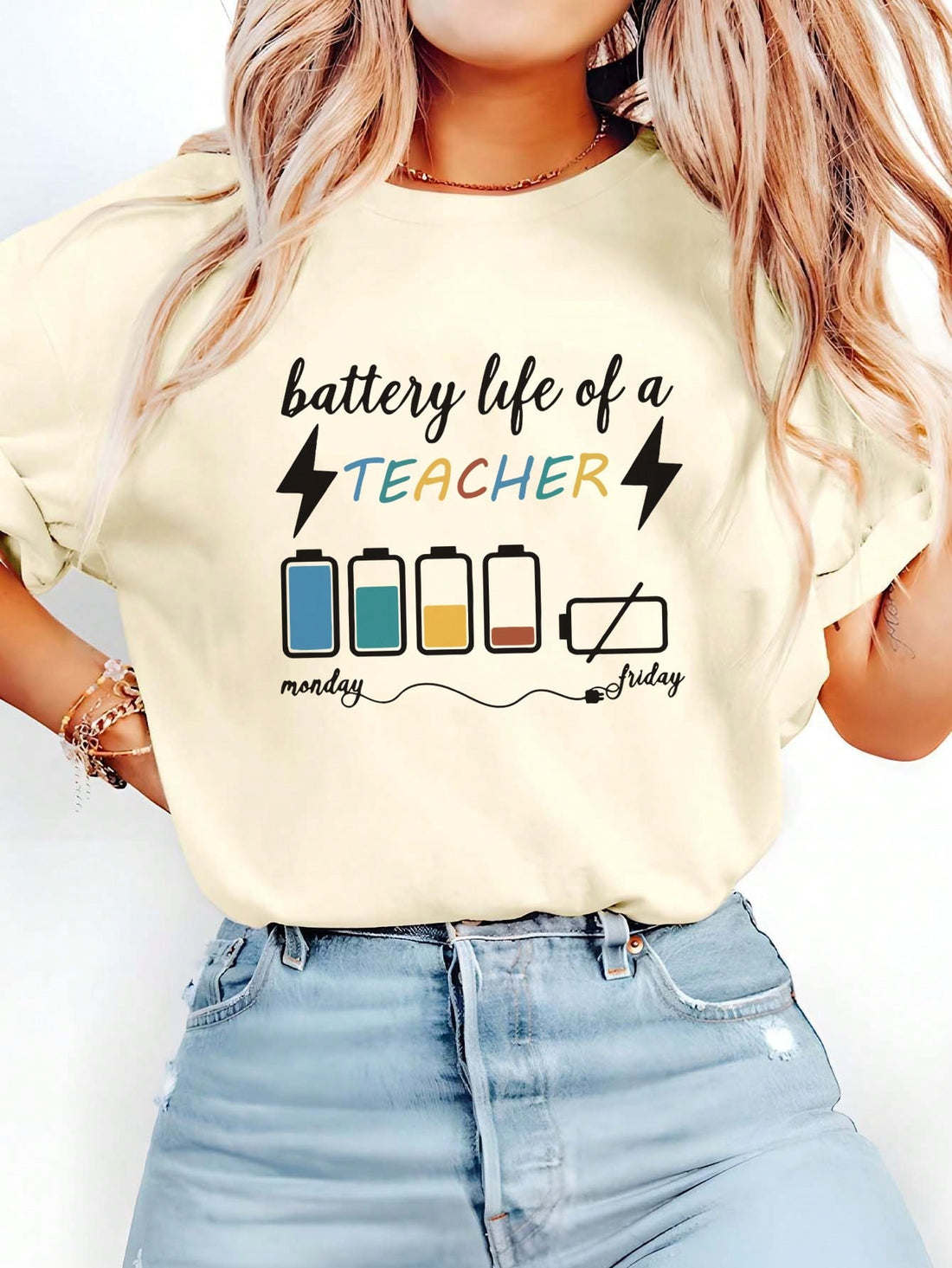 Elevate your teaching with the Power Up Your Classroom Style: Essence Battery Life Graphic T-Shirt. With its lightweight material and long-lasting battery design, this shirt will keep you looking and feeling cool while you educate. Show off your love for teaching with this stylish and functional t-shirt.