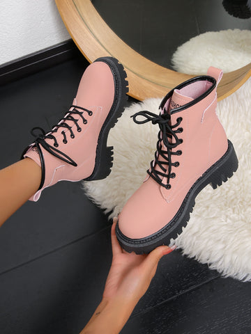 Elevate your style with these Preppy Pink Letter Detail Combat Boots, the perfect combination of fashion and functionality. With sleek and trendy design, these boots are a must-have for any woman looking to make a statement. Made with high-quality materials, they offer both style and durability. 