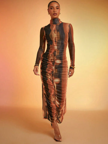 This playful Printed Mesh Mock Neck Midi Dress features a chic open back and flattering ruched detail for a stylish twist. Its breathable mesh fabric keeps you comfortable while turning heads, making it perfect for day-to-night wear with an effortless vibe.