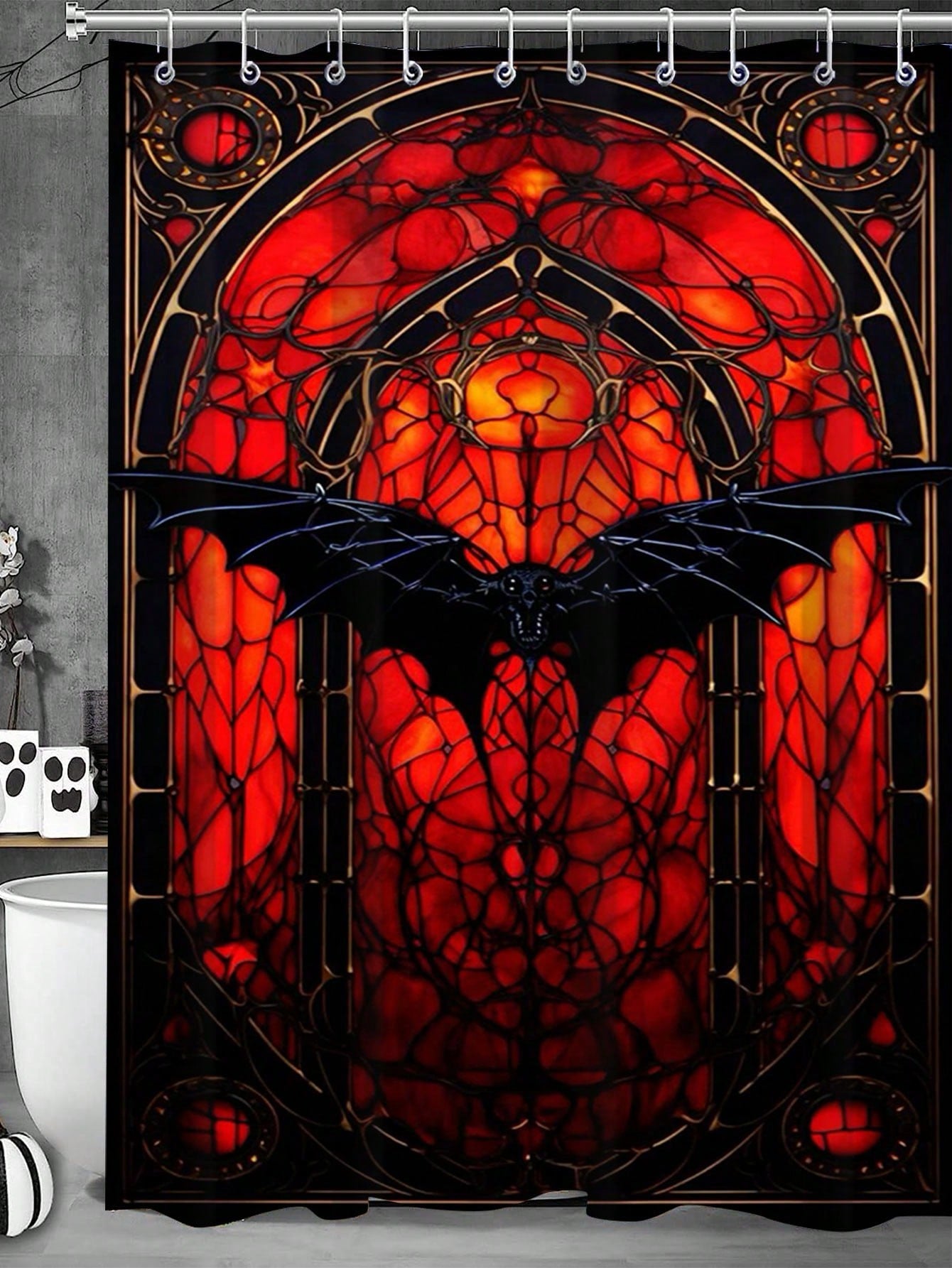 This Halloween, add a touch of spooky fun to your bathroom decor with our Pumpkin and Bat Shower Curtain. Made of waterproof polyester and equipped with hooks for easy installation, this curtain will keep your bathroom clean and stylish. Perfect for any Halloween lover!