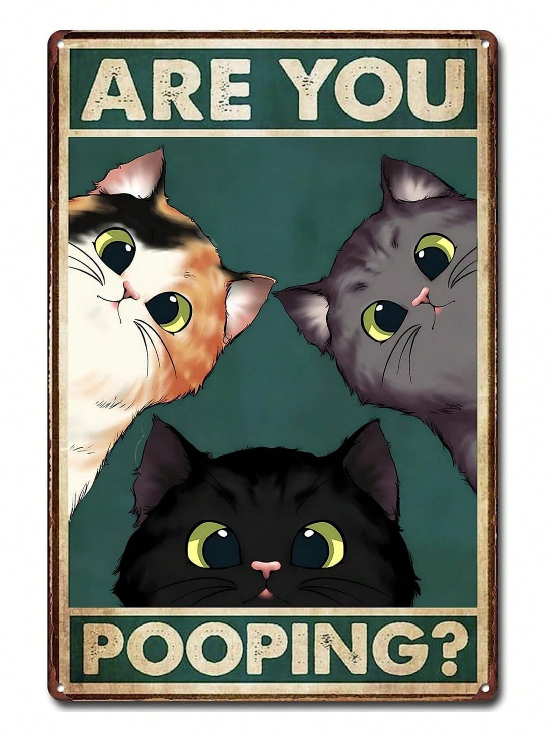 Add a little humor to your bathroom (and home!) with our Punny Cat Pooping Sign. This vintage metal wall decor is sure to bring a smile to your face every time you see it. Perfect for cat lovers, this sign is a playful addition to any space.