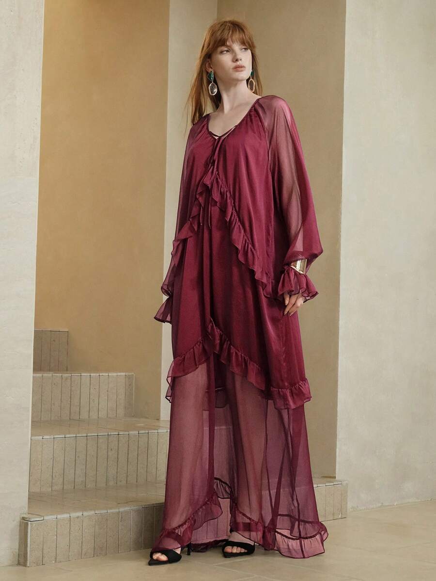 Step into effortless charm with this Purple Chiffon Ruffle Tie-Waist Dress. Its playful ruffles and flattering tie-waist create a fun silhouette, while the modest V-neck and long sleeves keep it perfect for any casual outing or vacation adventure. Light, breezy, and full of personality, this dress is your new go-to for easy, stylish days.