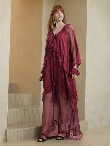 Step into effortless charm with this Purple Chiffon Ruffle Tie-Waist Dress. Its playful ruffles and flattering tie-waist create a fun silhouette, while the modest V-neck and long sleeves keep it perfect for any casual outing or vacation adventure. Light, breezy, and full of personality, this dress is your new go-to for easy, stylish days.