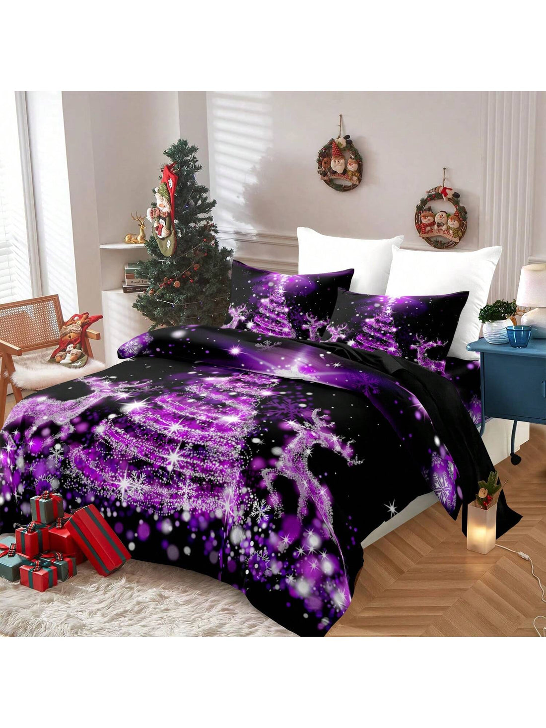 This purple duvet cover set features a festive Christmas tree print, perfect for creating a cozy and holiday-inspired atmosphere in your bedroom. Made from high-quality materials, this bedding trio is both comfortable and stylish, making it a must-have for the holiday season.