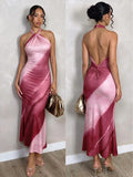 Front and back view of pink burgundy tie-dye halter backless mermaid dress