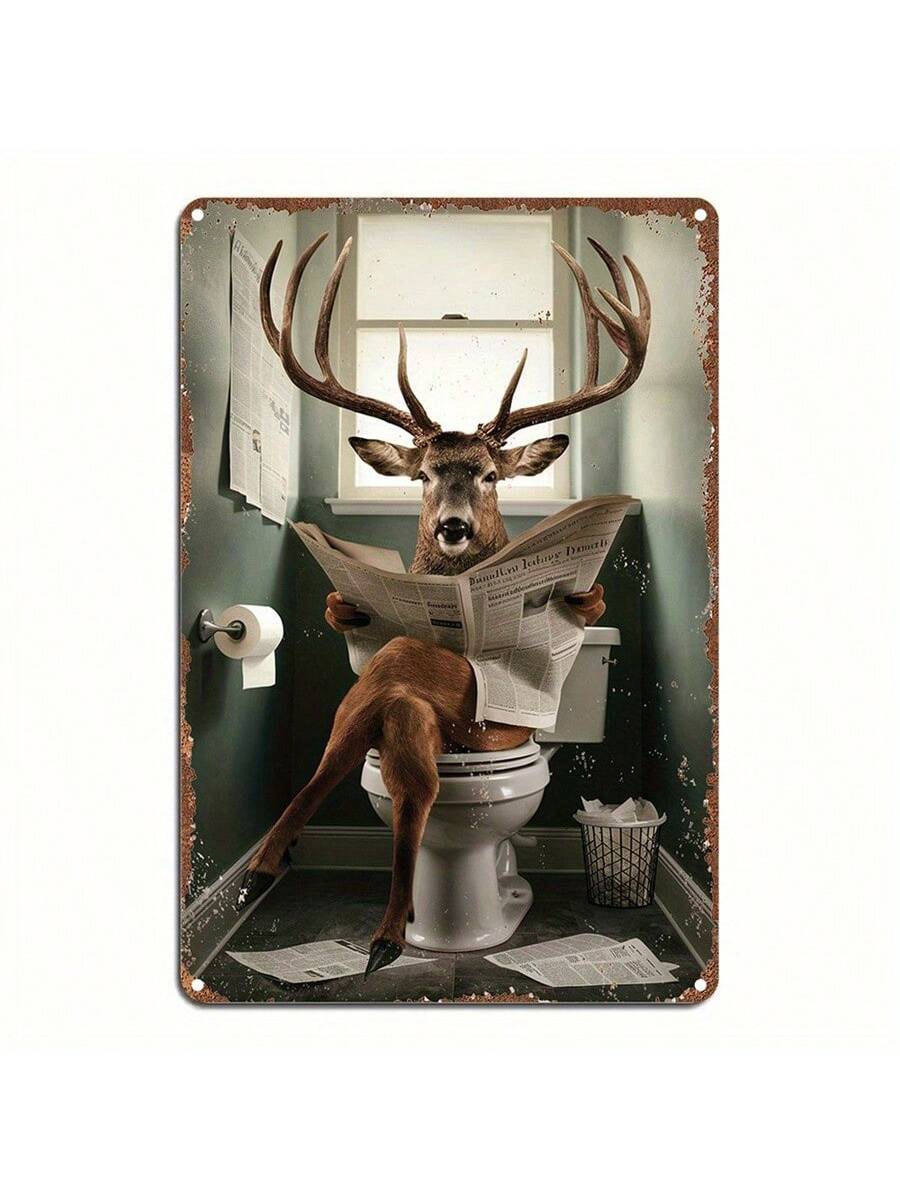 Add a quirky touch to your home and garden decor with our vintage metal sign featuring a deer on a toilet. With a playful and humorous tone, this wall art will surely bring some laughs. Perfect for those who don't take themselves too seriously.