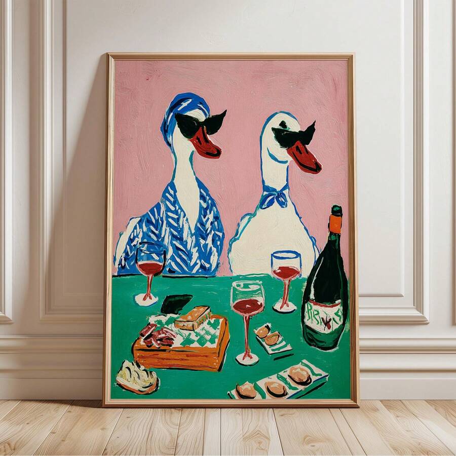 Add a splash of personality to your dining or living room with this charming duck and wine canvas art. Featuring a playful cartoon design in vibrant multicolors, this piece brings whimsical sophistication to any space. The waterproof canvas construction ensures durability and easy maintenance, making it perfect for kitchens and dining areas. Whether displayed framed or unframed, this vintage-inspired artwork celebrates the finer things in life with humor and style. An ideal conversation starter for wine ent
