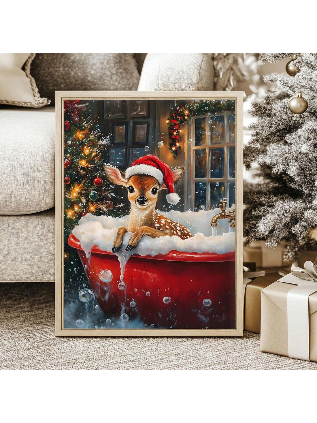 Add a dash of holiday cheer to any room with this whimsical reindeer canvas art! Featuring a charming vintage-inspired design with rustic character, it's the perfect quirky accent for your bathroom, bedroom, or living space. The playful illustration captures the magic of Christmas while its timeless aesthetic works year-round. Lightweight and easy to hang, this festive piece brings warmth and personality to your walls without taking itself too seriously. Ideal for anyone who loves a little seasonal fun mixe