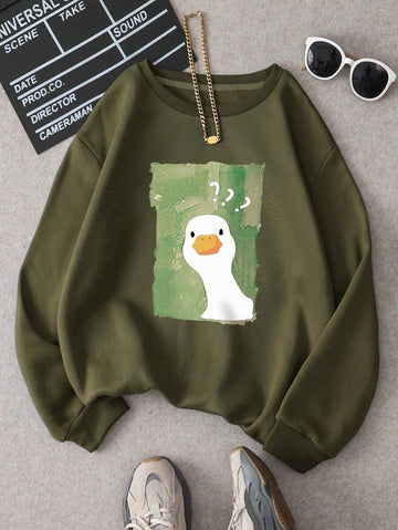 Add a splash of playful charm to your casual wardrobe with this Women's Quirky and Cute Cartoon Duck Printed Sweatshirt. Designed for those who love to stand out with unique, feel-good fashion, this piece brings a delightful energy to any cozy outfit.