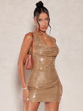 Shine bright with our Radiant Elegance Dress! This figure-hugging bodycon dress features sequins that catch the light and a chic draped collar for added elegance. The open back adds a touch of allure to this stunning piece. Perfect for any special occasion, this dress will make you stand out in any crowd.