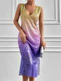 Experience effortless elegance with our Radiant Ombre Elegance dress. Featuring a stunning gradient sparkle design, a flattering V-neckline, and a slim fit silhouette, this dress is sure to turn heads. The split hem adds an extra touch of sophistication, making it perfect for any special occasion.