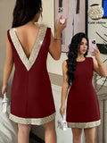 Elevate your wardrobe with the Rafferiza Sleeveless Contrast Trim Vest Dress—a sophisticated piece perfect for summer outings and special occasions. This elegant tank dress features a round neckline, geometric pattern with embroidery and contrast sequin detailing, and a chic backless design. The natural mid-waist silhouette and straight hem create a flattering, polished look ideal for dating, formal events, and holiday celebrations. Crafted from a premium blend of 94% polyester and 6% elastane
