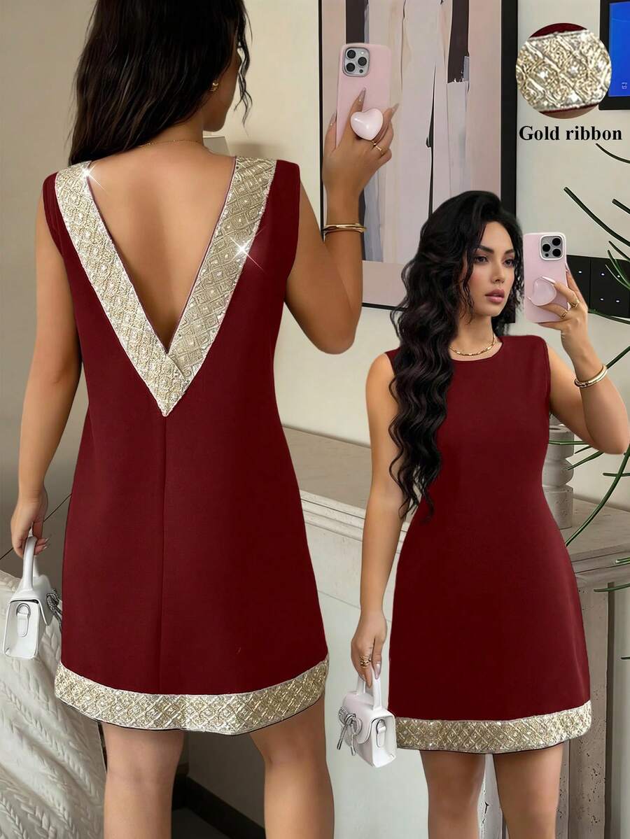 Elevate your wardrobe with the Rafferiza Sleeveless Contrast Trim Vest Dress—a sophisticated piece perfect for summer outings and special occasions. This elegant tank dress features a round neckline, geometric pattern with embroidery and contrast sequin detailing, and a chic backless design. The natural mid-waist silhouette and straight hem create a flattering, polished look ideal for dating, formal events, and holiday celebrations. Crafted from a premium blend of 94% polyester and 6% elastane