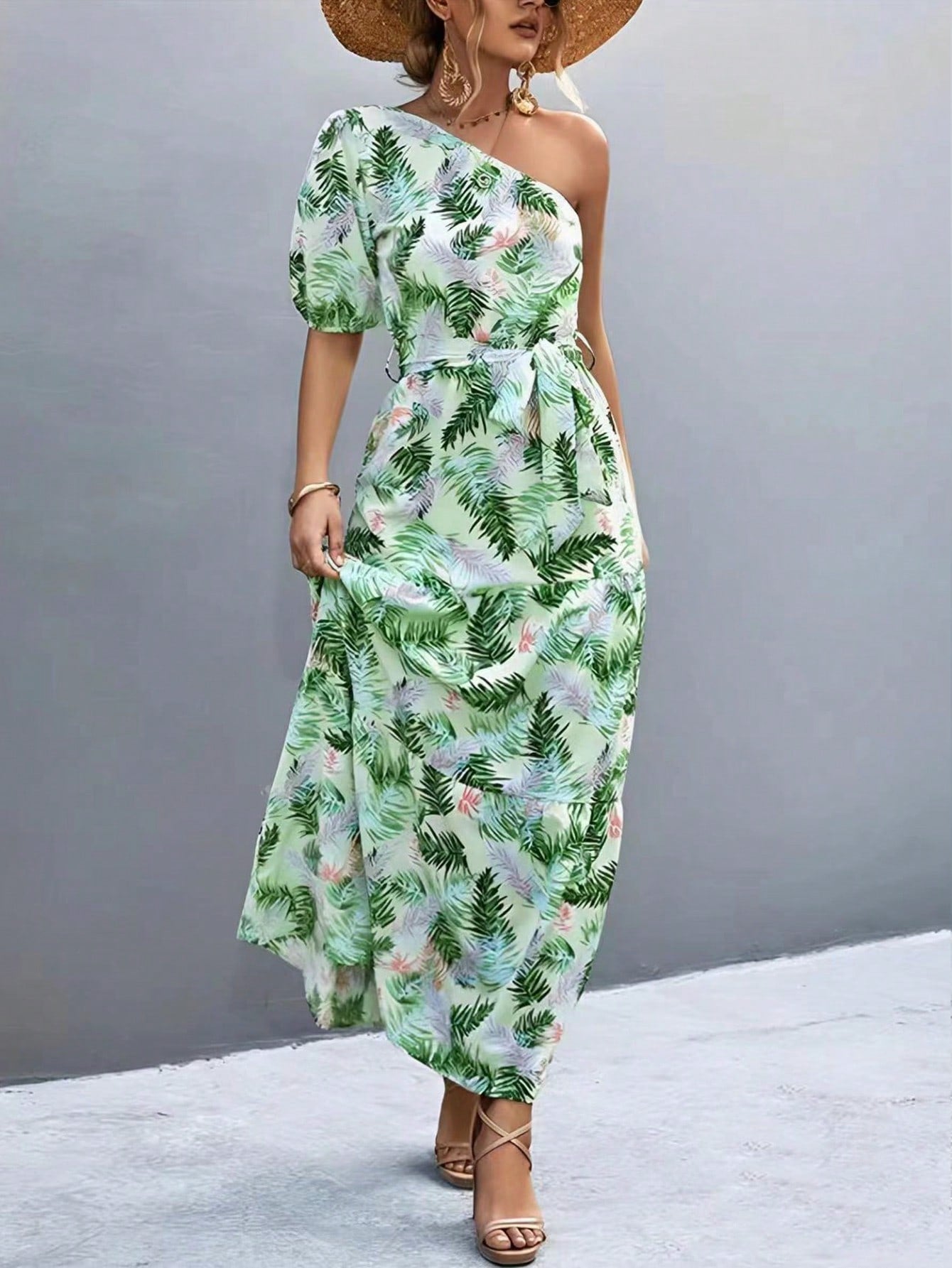 Introducing our Random Floral Print Asymmetrical Neckline Sleeveless Dress, perfect for summer! The unique asymmetrical neckline and vibrant floral print will add a touch of whimsy to your wardrobe. With a flattering sleeveless design and a stylish belt, this dress will keep you cool and stylish all season long.