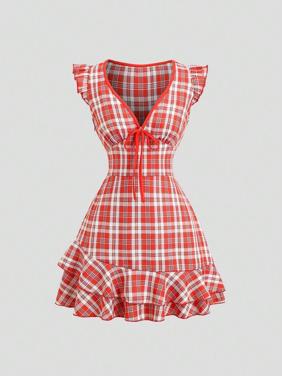 Front view of red white black plaid flutter sleeve mini dress