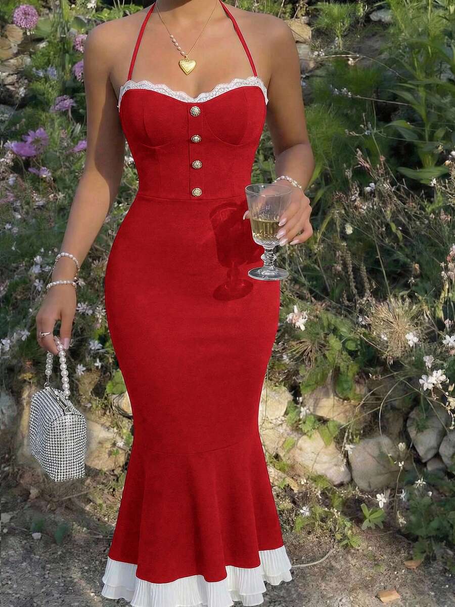 Red halter bodycon mermaid midi dress with white lace trim and ruffled hem